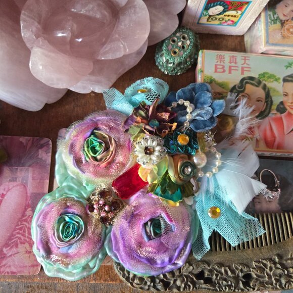 Handmade Pastel Rainbow Rose and Millinery Feather Crystal Hair Clip Romantic - Picture 2 of 10